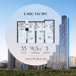 Планировка трехкомнатной(квартира) площадью 91.5 квадратных метров в ЖК “ЖК Айс Тауэрс”