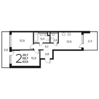 Планировка двухкомнатной(квартира) площадью 63.6 квадратных метров в “Новые Ватутинки. Заречный”
