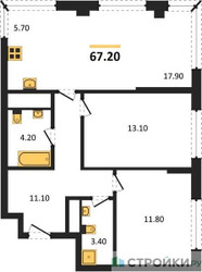 Планировка двухкомнатной(квартира) площадью 67.6 квадратных метров в ЖК “ЖК VERY на Миклухо-Маклая (Вери на Миклухо-Маклая)”
