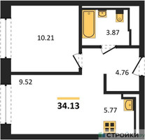 Планировка однокомнатной(квартира) площадью 34.13 квадратных метров в “ЖК Пригород Лесное”