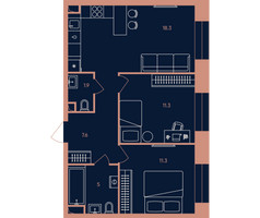 Планировка трехкомнатной(квартира) площадью 55.4 квадратных метров в “Квартал Эра”