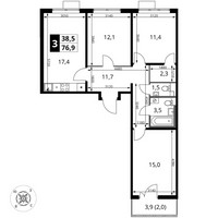 Планировка трехкомнатной(квартира) площадью 76.9 квадратных метров в “ЖК 1-й Шереметьевский (Первый Шереметьевский)”
