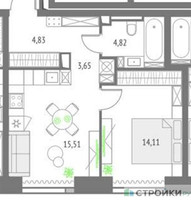 Планировка однокомнатной(квартира) площадью 42.92 квадратных метров в “ЖК Upside Towers (Апсайд Тауэрс)”