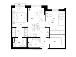 Планировка двухкомнатной(квартира) площадью 59.4 квадратных метров в “ЖК Лосиноостровский парк”