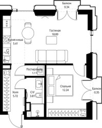 Планировка однокомнатной(квартира) площадью 47.87 квадратных метров в ЖК “ЖК СЕТ”