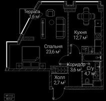 Планировка однокомнатной(квартира) площадью 48.9 квадратных метров в “ЖК СЕЗАР БУДУЩЕЕ”