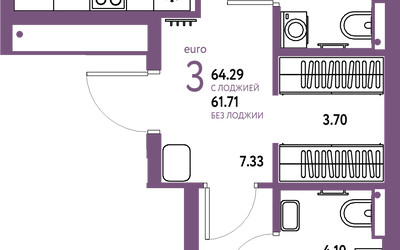 Планировка трехкомнатной(квартира) площадью 64.29 квадратных метров в ЖК “ЖК Страна.Парковая”