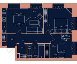 Планировка трехкомнатной(квартира) площадью 56.8 квадратных метров в ЖК “ЖК Era (Эра)”