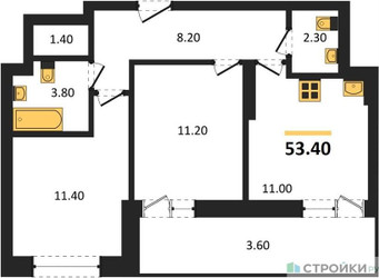 Планировка двухкомнатной(квартира) площадью 53.4 квадратных метров в ЖК “ЖК Рассказово”