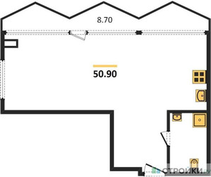 Планировка однокомнатной(апартаменты) площадью 50.9 квадратных метров в ЖК “ЖК Nametkin Tower (Наметкин Тауэр)”