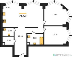 Планировка двухкомнатной(квартира) площадью 74.5 квадратных метров в “ЖК ЗИЛАРТ”