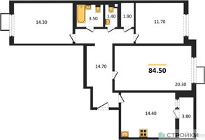 Планировка трехкомнатной(квартира) площадью 84.5 квадратных метров в “ЖК ЮЖНАЯ БИТЦА”