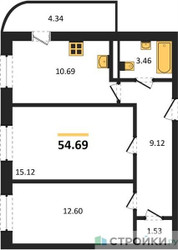 Планировка двухкомнатной(квартира) площадью 54.69 квадратных метров в ЖК “Ласточкино”