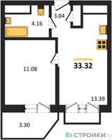 Планировка однокомнатной(квартира) площадью 33.32 квадратных метров в “ЖК ВОСТОК II”