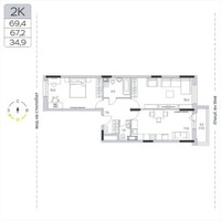 Планировка двухкомнатной(квартира) площадью 66.6 квадратных метров в “ЖК Пироговская Ривьера”
