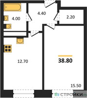 Планировка однокомнатной(квартира) площадью 38.8 квадратных метров в “ЖК Пушкино Град”