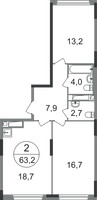 Планировка двухкомнатной(квартира) площадью 63.2 квадратных метров в “ЖК Переделкино Ближнее”