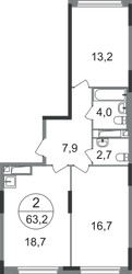 Планировка двухкомнатной(квартира) площадью 63.2 квадратных метров в ЖК “ЖК Переделкино Ближнее”