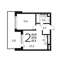 Планировка двухкомнатной(квартира) площадью 41.4 квадратных метров в “Новые Ватутинки. Заречный”
