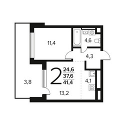 Планировка двухкомнатной(квартира) площадью 41.4 квадратных метров в ЖК “Новые Ватутинки. Заречный”