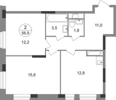 Планировка двухкомнатной(квартира) площадью 56.9 квадратных метров в “ЖК Первый Московский”