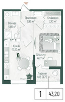 Планировка однокомнатной(квартира) площадью 44.77 квадратных метров в “ЖК Рига Хиллс”