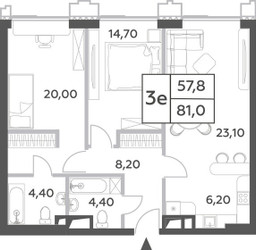 Планировка трехкомнатной(квартира) площадью 81 квадратных метров в ЖК “ЖК Will Towers (Вилл Тауэрс)”