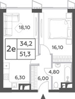 Планировка двухкомнатной(квартира) площадью 51.3 квадратных метров в “ЖК Will Towers (Вилл Тауэрс)”