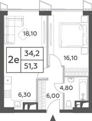 Планировка двухкомнатной(квартира) площадью 51.3 квадратных метров в ЖК “ЖК Will Towers (Вилл Тауэрс)”