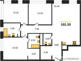 Планировка трехкомнатной(квартира) площадью 102.2 квадратных метров в “ЖК Собрание клубных домов West Garden (Вест Гарден)”