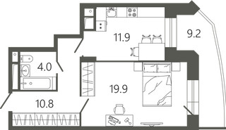 Планировка однокомнатной(квартира) площадью 49.4 квадратных метров в “ЖК Советская 18”
