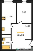 Планировка однокомнатной(квартира) площадью 38.1 квадратных метров в “ЖК Южная Долина”