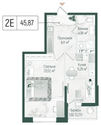 Планировка однокомнатной(квартира) площадью 47.5 квадратных метров в ЖК “ЖК Рига Хиллс”