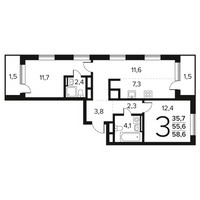 Планировка трехкомнатной(квартира) площадью 58.6 квадратных метров в “Новые Ватутинки. Заречный”