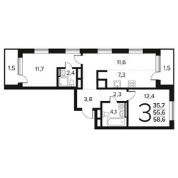 Планировка трехкомнатной(квартира) площадью 58.6 квадратных метров в ЖК “Новые Ватутинки. Заречный”