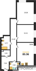 Планировка двухкомнатной(квартира) площадью 83.36 квадратных метров в ЖК “ЖК Сезар Сити”