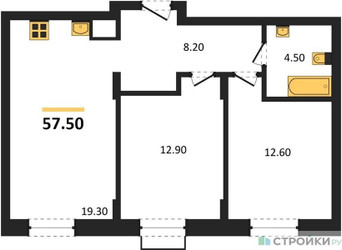 Планировка двухкомнатной(квартира) площадью 57.5 квадратных метров в ЖК “ЖК Резиденции Сколково”