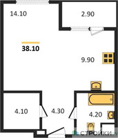 Планировка студии(квартира) площадью 38.1 квадратных метров в “ЖК Sydney City (Сидней Сити)”