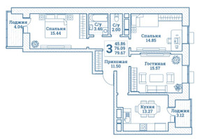 Планировка трехкомнатной(квартира) площадью 79.67 квадратных метров в “ЖК Новоград Монино”