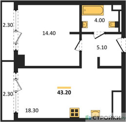 Планировка однокомнатной(квартира) площадью 43.2 квадратных метров в ЖК “ЖК СТОУН Грэйн”