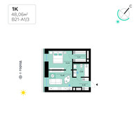 Планировка однокомнатной(квартира) площадью 48.06 квадратных метров в “СберСити в Рублево-Архангельском”