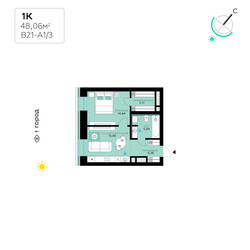Планировка однокомнатной(квартира) площадью 48.06 квадратных метров в ЖК “СберСити в Рублево-Архангельском”
