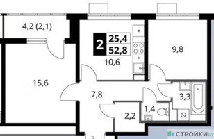Планировка двухкомнатной(квартира) площадью 52.8 квадратных метров в “ЖК 1-й Шереметьевский (Первый Шереметьевский)”