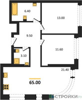 Планировка двухкомнатной(квартира) площадью 65 квадратных метров в “ЖК Символ”