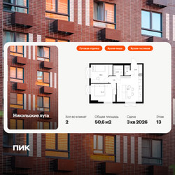 Планировка двухкомнатной(квартира) площадью 50.6 квадратных метров в ЖК “ЖК Никольские луга”