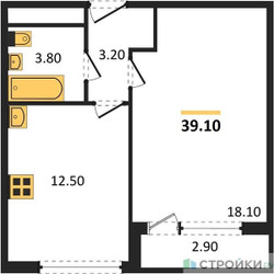 Планировка однокомнатной(квартира) площадью 39.1 квадратных метров в ЖК “ЖК Южные сады”
