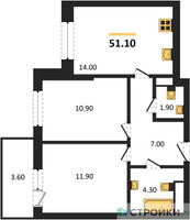 Планировка двухкомнатной(квартира) площадью 52.5 квадратных метров в “ЖК Одинцовские кварталы”