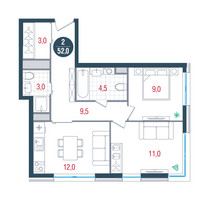 Планировка двухкомнатной(квартира) площадью 52 квадратных метров в “ЖК РУСИЧ-Кантемировский”
