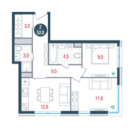Планировка двухкомнатной(квартира) площадью 52 квадратных метров в ЖК “ЖК РУСИЧ-Кантемировский”