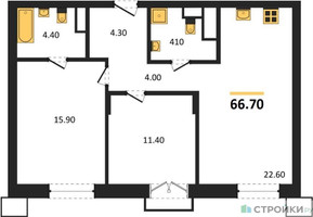 Планировка двухкомнатной(квартира) площадью 66.7 квадратных метров в “ЖК Резиденции Сколково”
